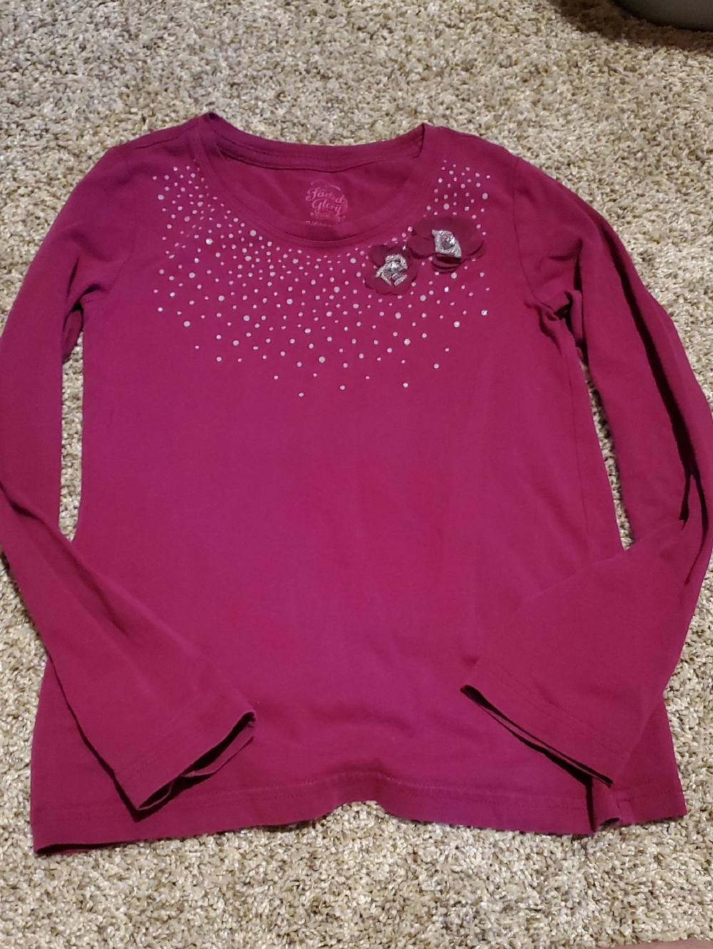 Girls Fuchsia Long Sleeve Top with Rhinestone Neckline